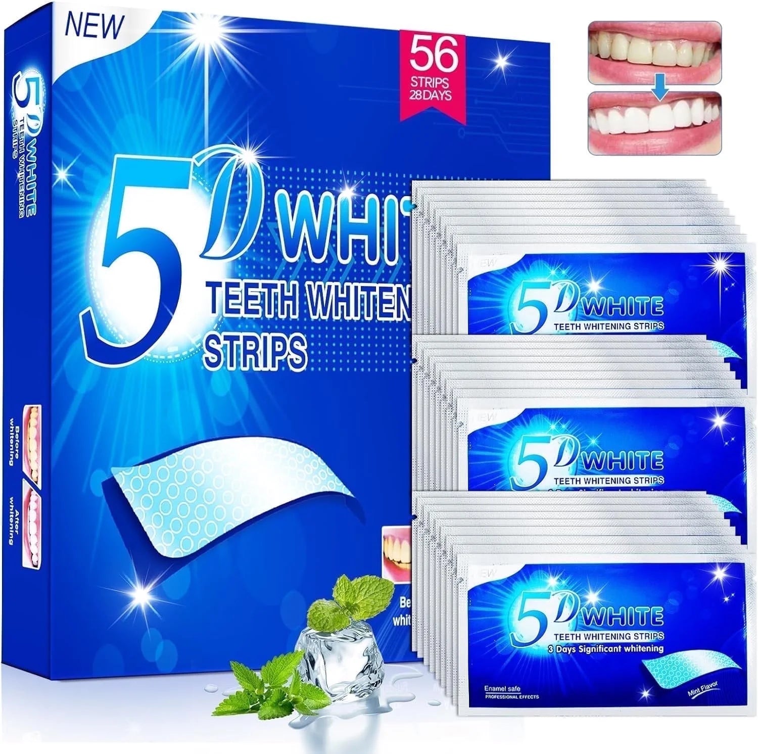 5D Teeth Whitening Strips, 56 Safe and Effective Teeth Whitening Kit, 28 Treatments Whitestrips Reduced Teeth Sensitivity and Help to Remove Smoking Coffee Wine Stain